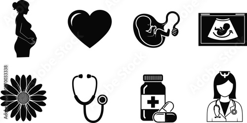 Pregnancy and maternity healthcare black silhouette icon set featuring pregnant woman, fetus, ultrasound, stethoscope, medicine, flower, and female doctor vector.