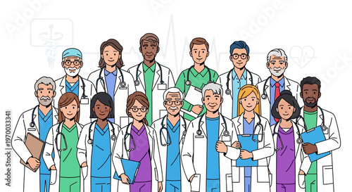 A diverse group of multiethnic healthcare workers, including doctors, nurses, and a midwife, stand together in a vector illustration to celebrate world health day, conveying teamwork