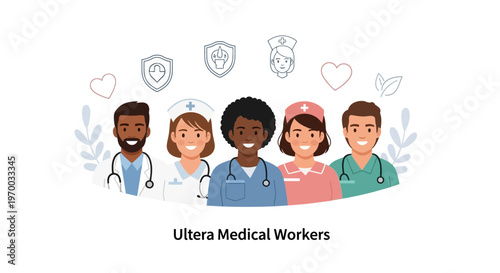 A multiethnic group of healthcare workers, including doctors, nurses, and a midwife, stands together in a flat vector illustration on World Health Day, with hearts and shield icons above