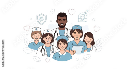 Vector illustration showcasing a multiethnic group of healthcare workers, including doctors, nurses, and a midwife, standing together in a hospital setting, designed with clean lines
