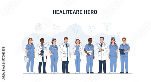 A diverse group of healthcare workers, including doctors, nurses, and medical staff, stand together in a line against a white background with faint medical symbols in a vector illustration