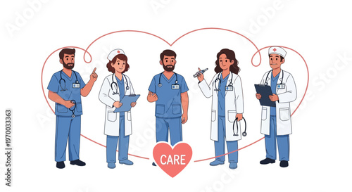 A vector illustration features a multiethnic group of healthcare workers, including a doctor, nurse, and midwife, standing in front of a heart shape on a white background