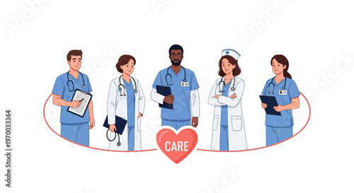 A group of multiethnic healthcare workers, including doctors, nurses, and a midwife, stand together in a vector illustration with a heart shape, showcasing teamwork and appreciation