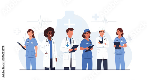 Multiethnic healthcare workers team, including doctors, nurses, and a midwife, standing together in a hospital setting with light color palette, created as a flat vector illustration