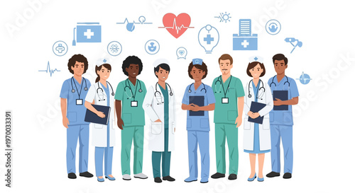 A vector illustration shows a diverse group of multiethnic healthcare workers, including doctors, nurses, and a midwife, standing together in a hospital setting, symbolizing teamwork