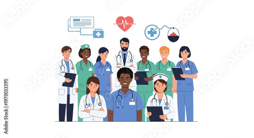A flat vector illustration shows a multiethnic group of healthcare workers, including doctors, nurses, and other medical staff, standing together in a team against a clean white background