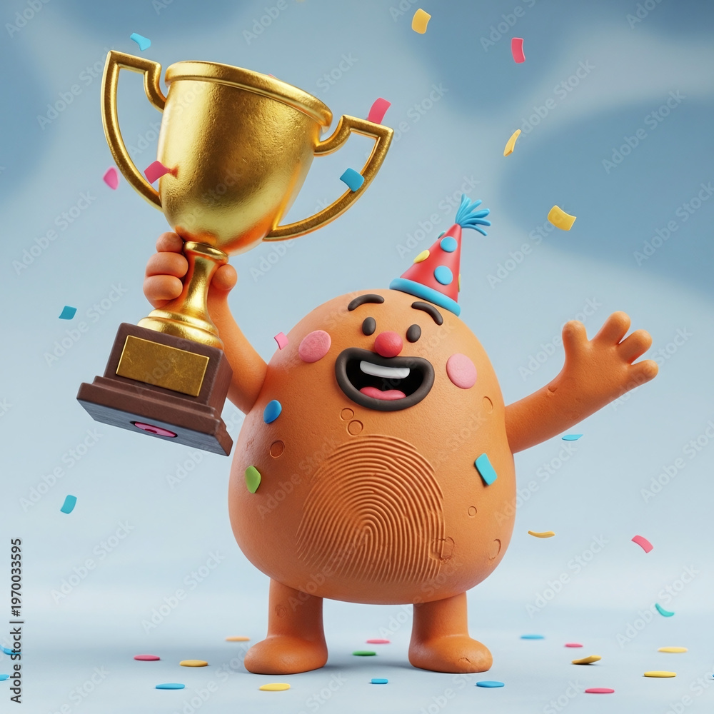 custom made wallpaper toronto digitalJoyful 3d Character Celebrating Achievement with Golden Trophy and Confetti