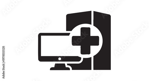 Telehealth Platform Virtual Clinic Computer Medical Cross - Black Filled Icon Vector