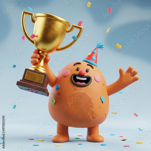 Wallpaper Mural Joyful 3d Character Celebrating Achievement with Golden Trophy and Confetti Torontodigital.ca
