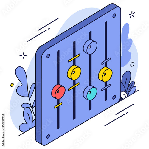 Isometric audio mixer with colorful sliders and abstract background