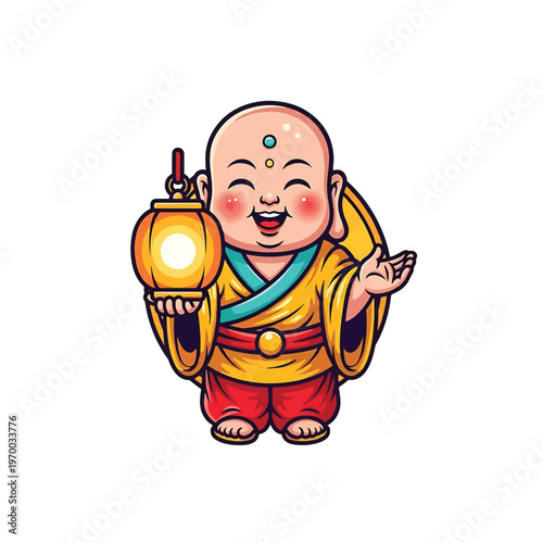 Happy Laughing Buddhist Baby Monk with Lantern