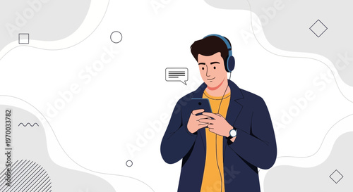 Man with headphones using smartphone, chat bubble, modern abstract background