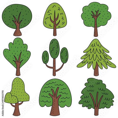 Hand-drawn cartoon set of green trees on a white background.