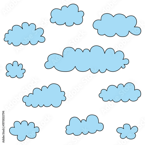Hand-drawn cartoon set of blue clouds on a white background.