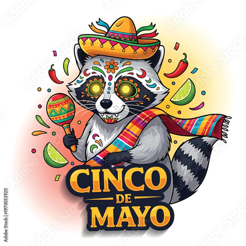 Raccoon with sombrero banda and Cinco de Mayo celebration