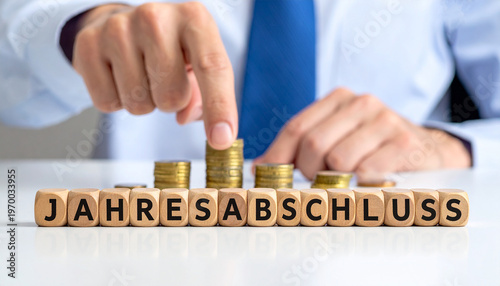 Jahresabschluss - Geschäftsmann zeigt auf das Wort 