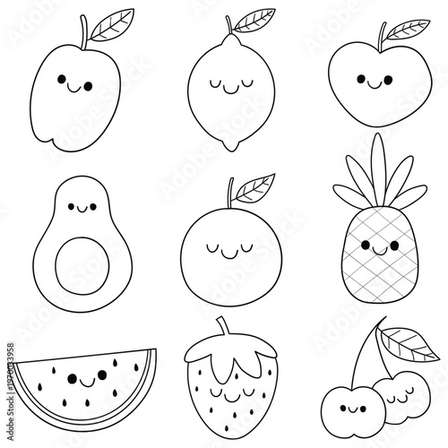 Hand-drawn doodle set of kawaii fruits on a white background.