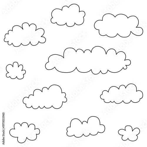 Hand-drawn doodle set of clouds on a white background.