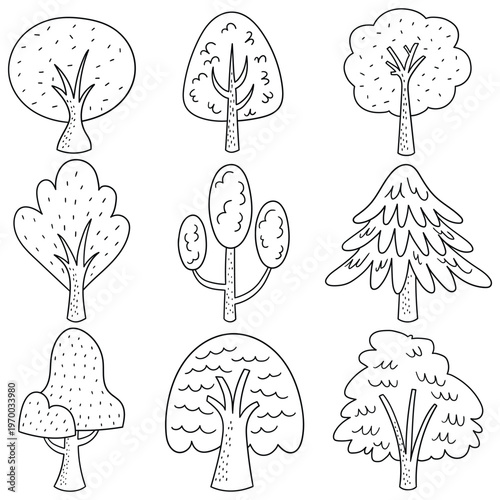 Hand-drawn doodle set of trees on a white background.
