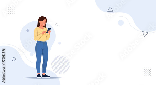 Young woman in jeans and yellow sweater using smartphone, modern abstract background