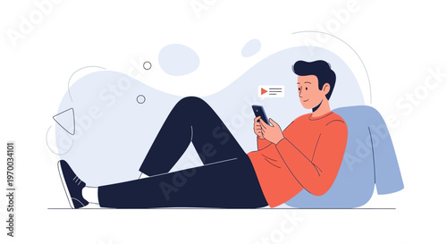 Man Relaxing on Floor Using Smartphone, Watching Video, Modern Flat Illustration
