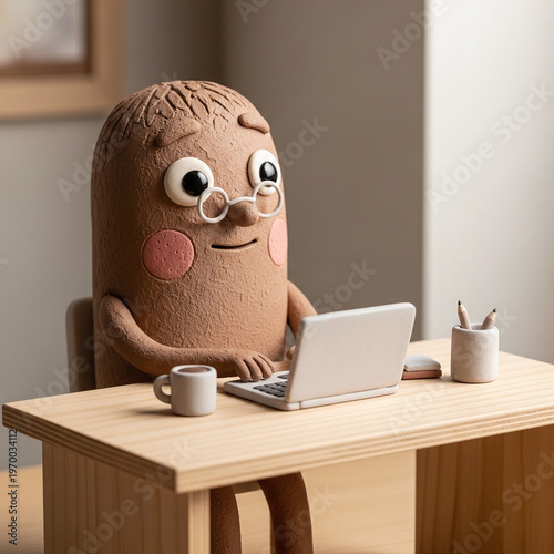 Wallpaper Mural Whimsical Clay Figure in Glasses Using a Laptop at a Wooden Desk Torontodigital.ca
