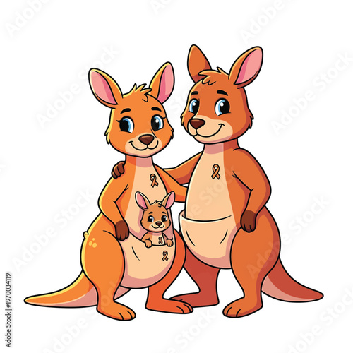 Family of kangaroos with joey in pouch for animal family theme