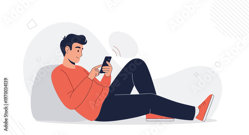 Man Relaxing on Beanbag Chair Using Smartphone, Casual Lifestyle Illustration
