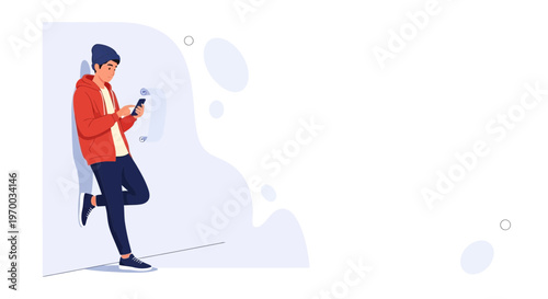 Young man in casual clothes leaning against wall, using smartphone, modern illustration