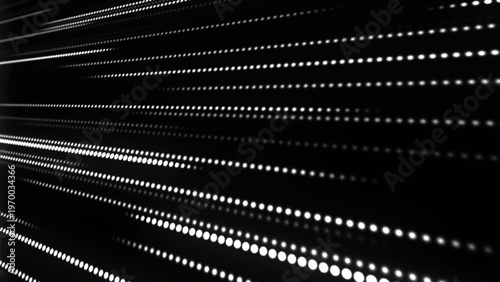 Streams of light rapidly pierce the darkness, forming rhythmic paths. A bright point acts as an impulse, carrying movement and energy through space. Vector