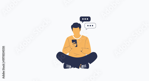 Man sitting cross-legged on phone with chat bubbles, vector illustration