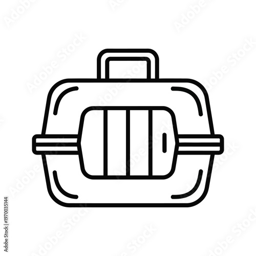 A simple black and white line art icon depicting a portable pet carrier with a handle and ventilation slots, perfect for safely transporting animals.