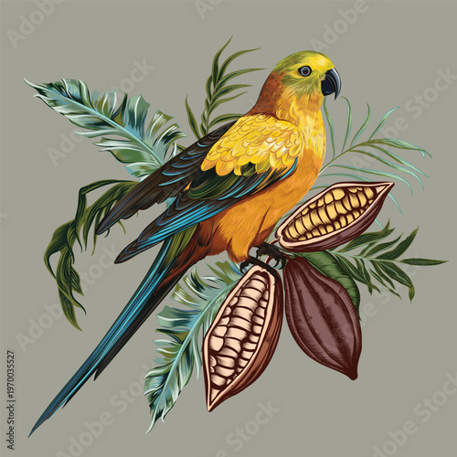 Fashion vector illustration with tropical  yellow parrot and cacao fruit plants vintage luxury style