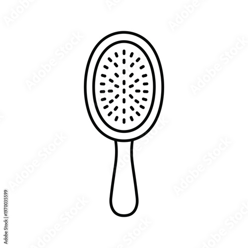 Black outline vector icon of an oval hairbrush with a handle, an essential grooming tool for daily hair care.