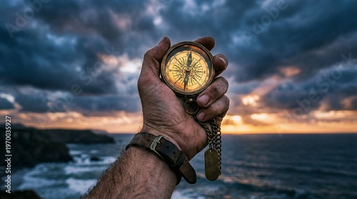 Compass held high: A weathered hand confidently grips a vintage compass against a dramatic sky, evoking a sense of adventure, exploration and finding the direction.