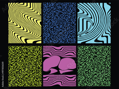 Vibrant abstract patterns in yellow, blue, pink, green on black background