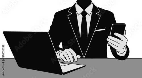 Businessman silhouette in formal suit using laptop and smartphone, professional male executive working at desk, corporate office employee vector illustration