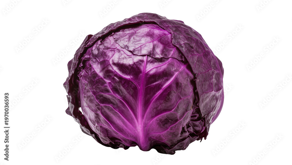 Fototapeta premium Crimson red cabbage head, displaying tightly packed leaves with vibrant purple hues