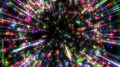 カラフルなキラキラしたエフェクトがはじけて飛び散るようなインパクトエフェクトの背景