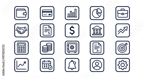 20 Vector icons outline collection dark blue for business finance mobile application UI web design concepts. Minimalist dark blue. Wallet credit card charts handshake money banking security settings