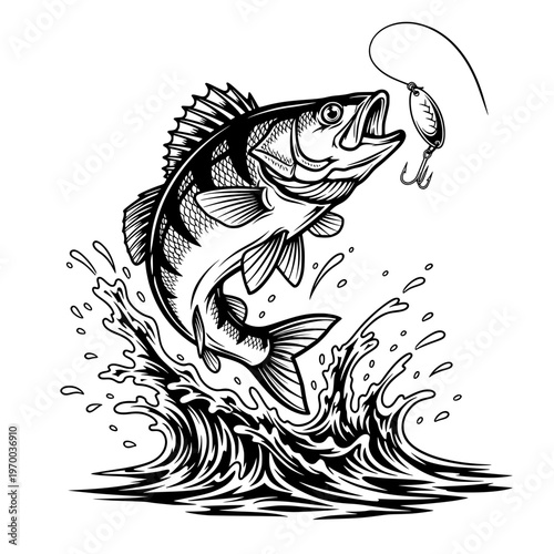 Jumping Bass Fish Catching Fishing Lure In Water Splashes, Fisherman Trophy Design For Outdoors Adventure And Angling Sport Illustration