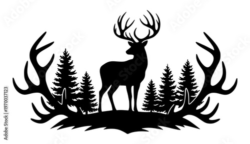 Majestic Deer Buck Standing In Pine Forest With Large Antlers Frame, Wildlife Nature Landscape Scene For Hunting And Wilderness Adventure Decor
