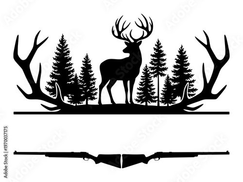 Deer Hunting Monogram Frame With Rifles And Forest Scene, Customizable Hunter Trophy Design For Outdoor Sport Enthusiasts And Wildlife Lovers