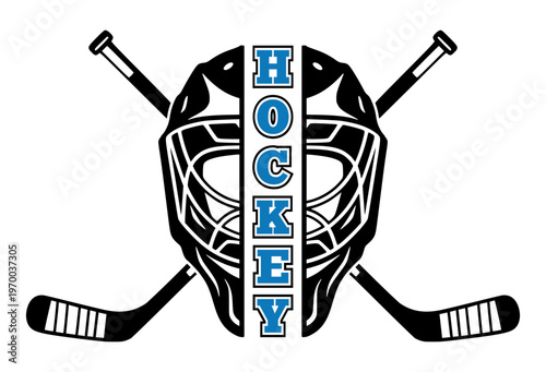 Professional Custom Ice Hockey Goalie Mask Design With Crossed Sticks, Sports Team Logo Element With Bold Typography Text, Athletic Equipment Silhouette For Competition And Tournament Graphics