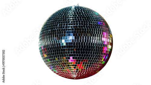 фотографія Reflective disco ball, spherical mirror surface scattering colorful light