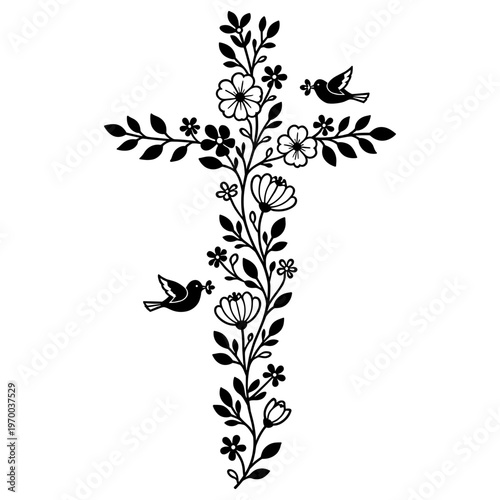 Elegant Floral Cross Silhouette Decorated With Blooming Flowers And Flying Birds, Spiritual Religious Symbol Of Life And Renewal, Delicate Botanical Garden Design For Faith Based Artworks