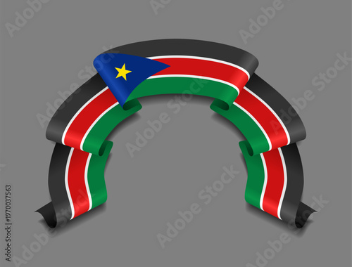 South Sudan flag circular wavy ribbon, symbolizing national pride, ideal for patriotic badges, certificates, or cultural design themes. Vector illustration.