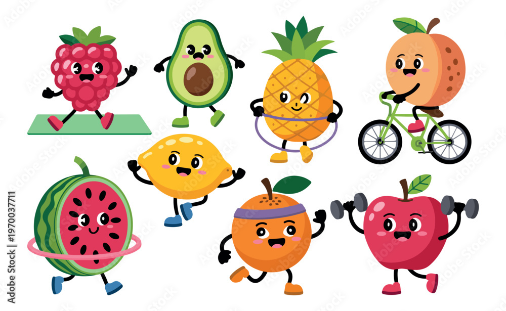 Obraz premium Cute fruit cartoon characters doing activities like cycling exercising and playing healthy lifestyle vector illustration