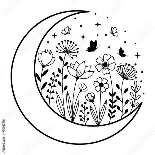 Celestial Crescent Moon Filled With Delicate Wildflowers Butterflies And Twinkling Stars, Bohemian Night Sky Nature Concept For Decoration