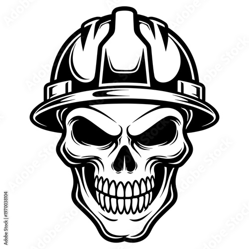 Aggressive Human Skull Wearing An Industrial Construction Safety Hard Hat, Tough Working Class Or Labor Union Vector Illustration Design
